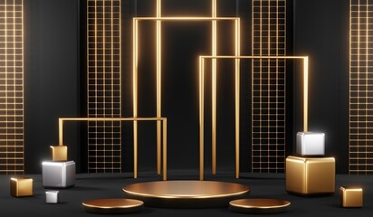 3d render black podium background showcases a premium, minimal and modern design with a combination of geometric shapes, golden glitter and a realistic studio room setting, creating a perfect platform