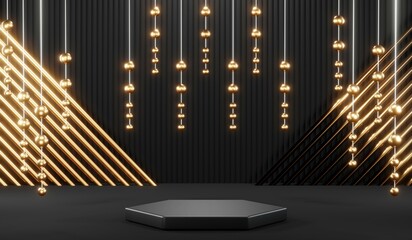 3d render black podium background showcases a premium, minimal and modern design with a combination of geometric shapes, golden glitter and a realistic studio room setting, creating a perfect platform