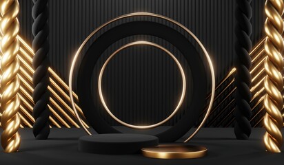 3d render black podium background showcases a premium, minimal and modern design with a combination of geometric shapes, golden glitter and a realistic studio room setting, creating a perfect platform