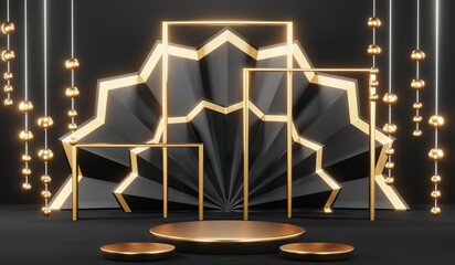 3d render black podium background showcases a premium, minimal and modern design with a combination of geometric shapes, golden glitter and a realistic studio room setting, creating a perfect platform