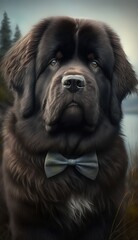 Fototapeta premium Stylish Humanoid Gentleman Dog in a Formal Well-Made Bow Tie at a Business Dance Party Ball Celebration - Realistic Portrait Illustration Art Showcasing Cute and Cool Newfoundland (generative AI)