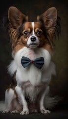 Stylish Humanoid Gentleman Dog in a Formal Well-Made Bow Tie at a Business Dance Party Ball Celebration - Realistic Portrait Illustration Art Showcasing Cute and Cool Papillon  (generative AI)