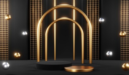 3d render black podium background showcases a premium, minimal and modern design with a combination of geometric shapes, golden glitter and a realistic studio room setting, creating a perfect platform