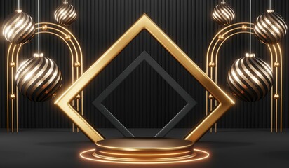 3d render black podium background showcases a premium, minimal and modern design with a combination of geometric shapes, golden glitter and a realistic studio room setting, creating a perfect platform