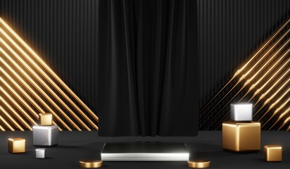 3d render black podium background showcases a premium, minimal and modern design with a combination of geometric shapes, golden glitter and a realistic studio room setting, creating a perfect platform