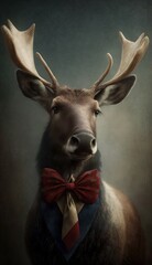 Stylish Humanoid Gentleman Animal in a Formal Well-Made Bow Tie at a Business Dance Party Ball Celebration - Realistic Portrait Illustration Art Showcasing Cute and Cool Reindeer  (generative AI)