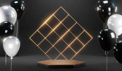 3d render black podium background showcases a premium, minimal and modern design with a combination of geometric shapes, golden glitter and a realistic studio room setting, creating a perfect platform