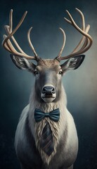 Stylish Humanoid Gentleman Animal in a Formal Well-Made Bow Tie at a Business Dance Party Ball Celebration - Realistic Portrait Illustration Art Showcasing Cute and Cool Reindeer  (generative AI)