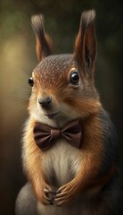 Fototapeta premium Stylish Humanoid Gentleman Animal in a Formal Well-Made Bow Tie at a Business Dance Party Ball Celebration - Realistic Portrait Illustration Art Showcasing Cute and Cool Squirrel (generative AI)