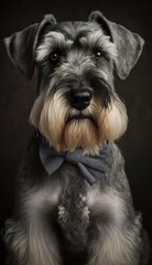 Stylish Humanoid Gentleman Dog in a Formal Well-Made Bow Tie at a Business Dance Party Ball Celebration - Realistic Portrait Illustration Art Showcasing Cute and Cool Standard Schnauzer generative AI