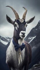 Stylish Humanoid Gentleman Animal in a Formal Well-Made Bow Tie at a Business Dance Party Ball Celebration - Realistic Portrait Illustration Art Showcasing Cute and Cool Alpine Goat  (generative AI)