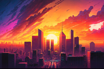 Colorful sunset over a cityscape with skyscrapers in the background.  AI Generative