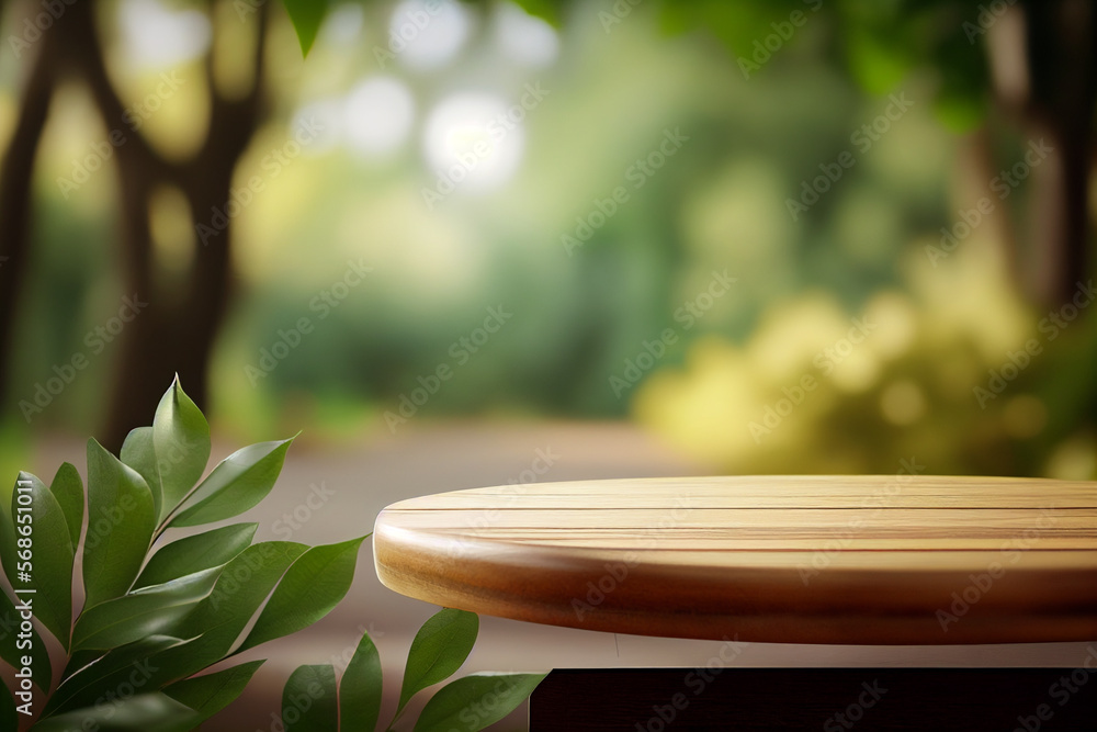 Poster wooden product display podium table with blurred nature leaves background. 3d rendering, image ai mi