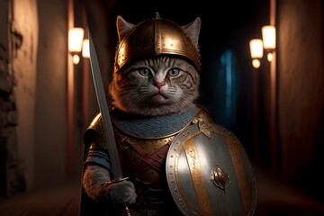 Cat character concept with shield and sword in ancient ages Generative AI
