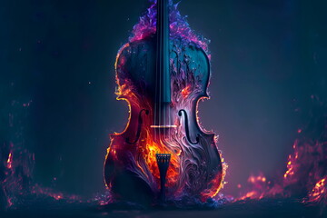 Burning cello music instrument fantasy background Generative AI - obrazy, fototapety, plakaty