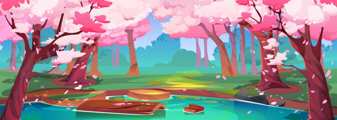 Spring forest with japanese cherry trees and lake. Park landscape with sakura trees with falling pink petals, river or pond shore, green grass and bushes, vector cartoon illustration © klyaksun