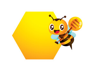 Cartoon cute smiling bee holding honey dipper flying beside empty honeycomb shape signboard character