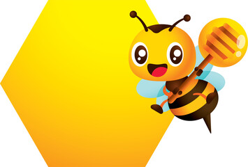 Cartoon cute smiling bee holding honey dipper flying beside empty honeycomb shape signboard character