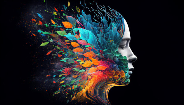 Concept art of a human brain exploding with knowledge and creativity. Colorful human head with art ink splash about ideas, innovation, and technology. generative ai