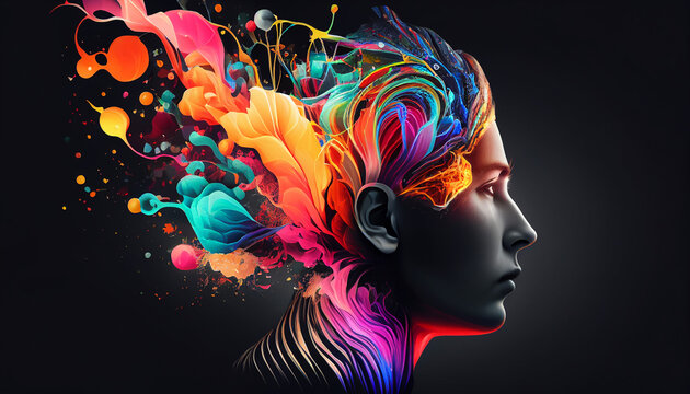 Concept art of a human brain exploding with knowledge and creativity. Colorful human head with art ink splash about ideas, innovation, and technology. generative ai