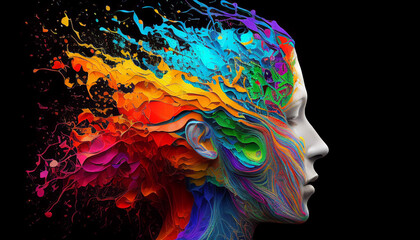 Colorful technology, innovation, and creativity from human brain. Generative AI. Metaverse, futuristic virtual world, state of consciousness, technology