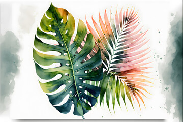 Beautiful watercolor tropical leaves painted on white paper made with Generative AI