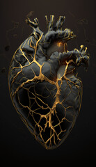 Anatomical heart in dark kintsugi. Generative AI