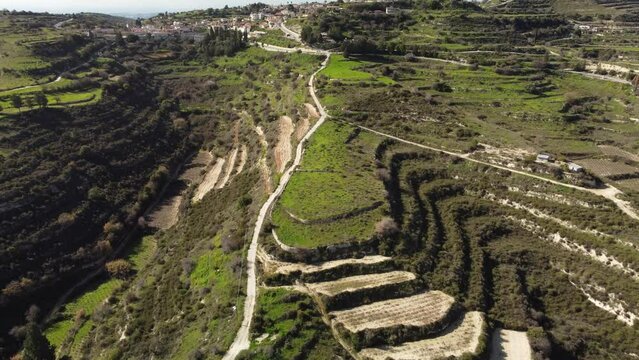 A low flight over the wine making region of Southern Cyprus with terraces