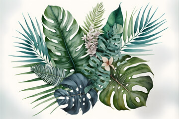 Beautiful watercolor tropical leaves painted on white paper made with Generative AI