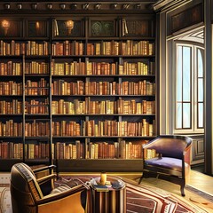 A traditional home library with built-in bookshelves and a ladder1, Generative AI