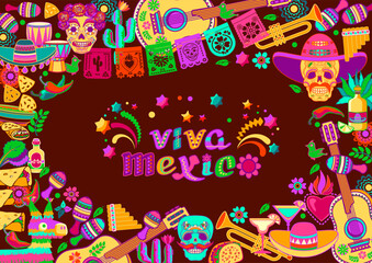Viva Mexico, decorated cartoon letters, and elements. Vector illustration..