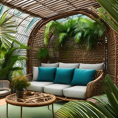 Fototapeta premium A tropical themed sunroom with indoor plants and wicker furniture1, Generative AI