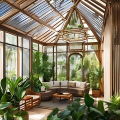 A tropical themed sunroom with indoor plants and wicker furniture3, Generative AI