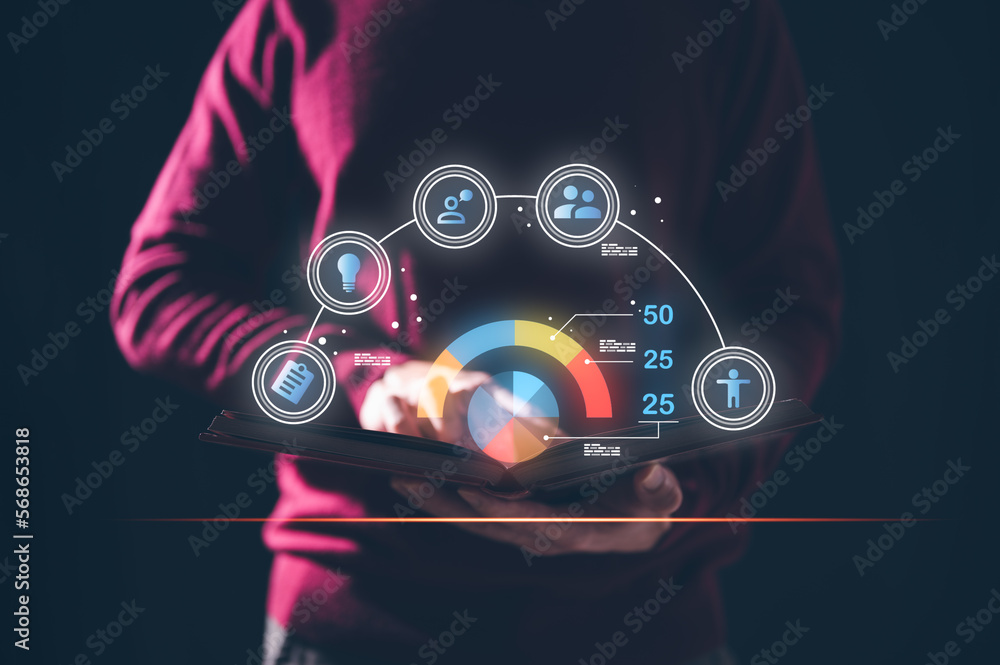 Poster research data analysis concept, man holding book with virtual chart icons data idea human communicat