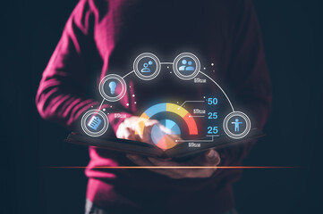 research data analysis concept, man holding book with virtual chart icons data idea human communication technology internet network connection