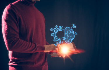 reading for ideas AI technology concept, man holding book with virtual icon of technology AI internet network creative