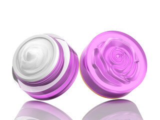 Cosmetic or Skincare acrylic jar,purple rose carving design on cover,inner body & cover is rough metallic , purple cover opened ,on white background.3d rendered.