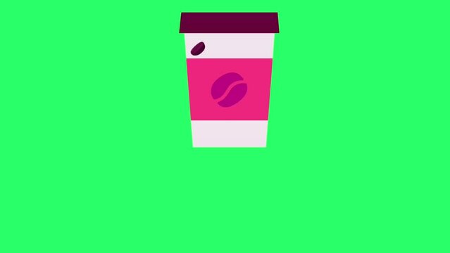 Animation red coffee cup isolate on green background.