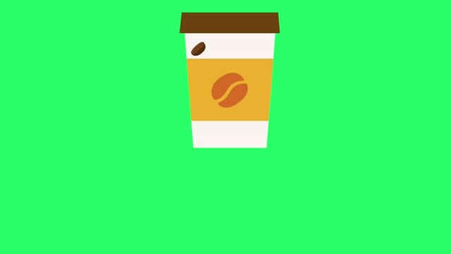 Animation orange coffee cup isolate on green background.