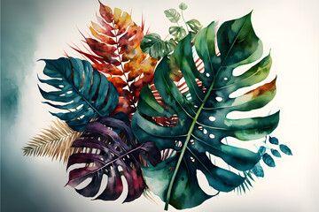 Beautiful watercolor tropical leaves painted on white paper made with Generative AI