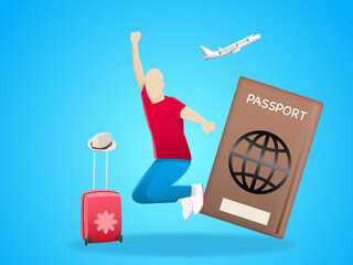 Happy men jumping on the blue background with passport, plane, hat and suitcase. Travel concept style. Illustration 3D for content trip travel in weekend, happy holiday, relax time 
