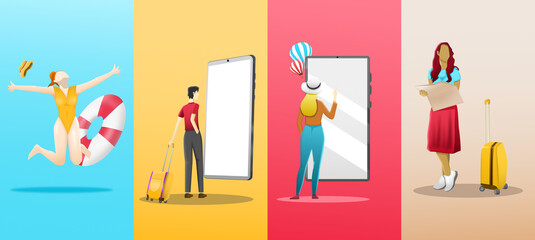 Travel concept. Happy girl jumping in summer time, men check tourist attraction in mobile phone, tourist women with smartphone and female tourist lost way with suitcase, world map. Illustration 3D set