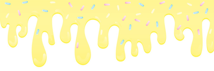 Yellow soft ice cream, sweet candy splashes, long border, seamless banner pattern, vector white background