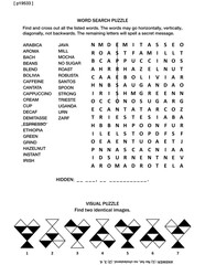Puzzle page with two brain games: all about coffee word search puzzle (English language), and visual puzzle. Black and white, A4 or letter sized. Answer included.
