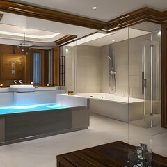 A luxurious spa-style bathroom with a steam shower and a Jacuzzi tub2, Generative AI