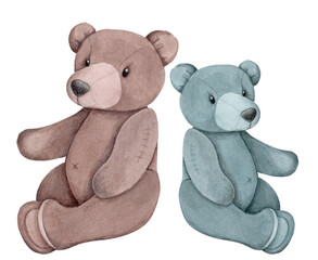 Pretty cute little brown teddy bear sitting. Watercolor hand painted illustration of cartoon toy animal, element od design for children. Isolated on white background.