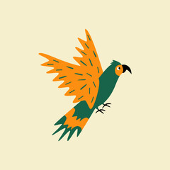 Flying colorful parrot hand drawn vector illustration. isolated cute exotic macaw bird in flat style for kids poster or icon.