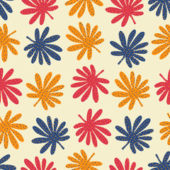 Colorful spotted tropical leaves hand drawn vector illustration. Jungle leaf in flat style floral seamless pattern for kids fabric or wallpaper.