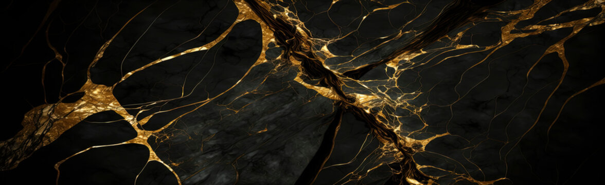 Black And Gold Marble Rough Surface Black Marble Natural Stone With Golden Cracks In Between. Generative AI