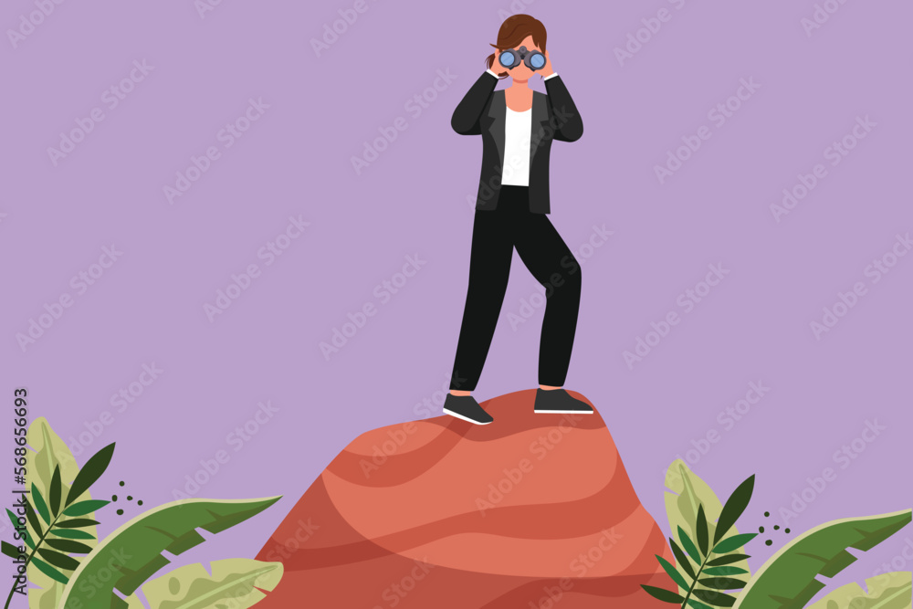 Wall mural Graphic flat design drawing businesswoman standing on hill while looking landscape with binoculars. Leadership, strategy, mission, objectives icon. Business metaphor. Cartoon style vector illustration